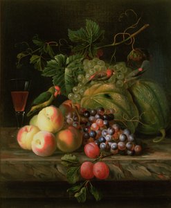 Stilleven van fruit op een richel met parkieten